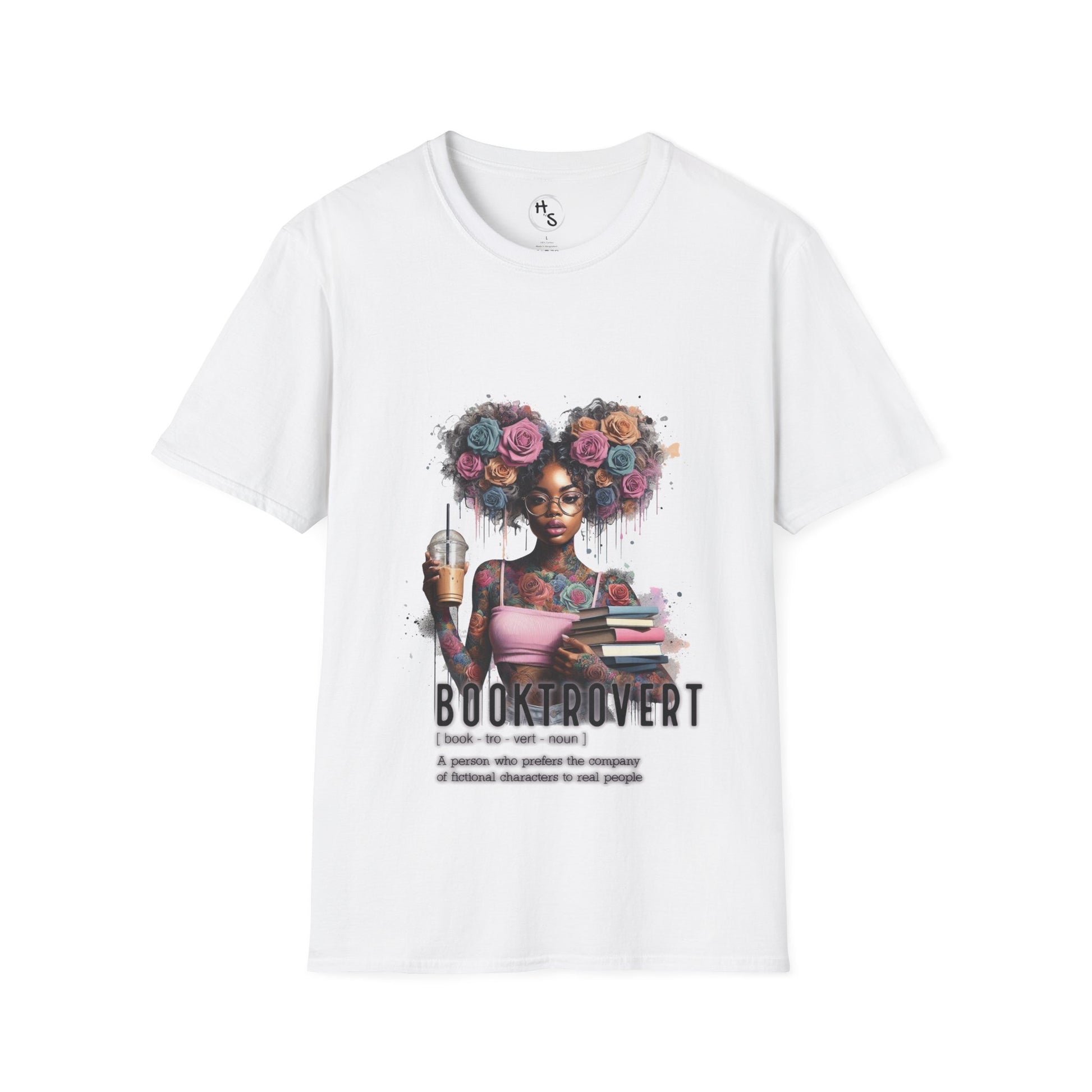 White t-shirt with a graphic of a woman with flowers in her hair and the text 'Booktrovert' on a white background.