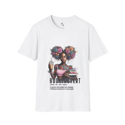 White t-shirt with a graphic of a woman with flowers in her hair and the text 'Booktrovert' on a white background.