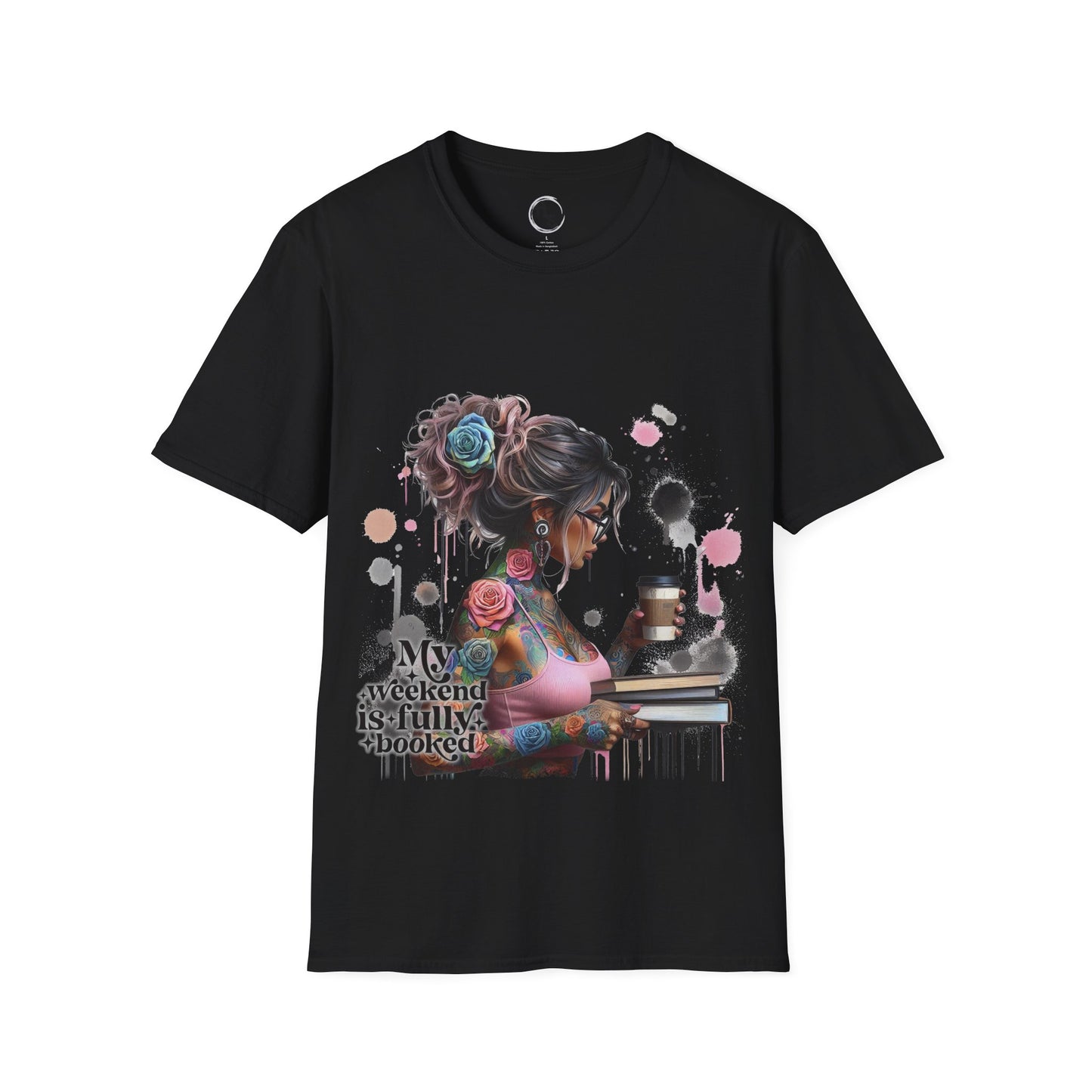 Black t-shirt with a colorful graphic of a woman and text on a black background