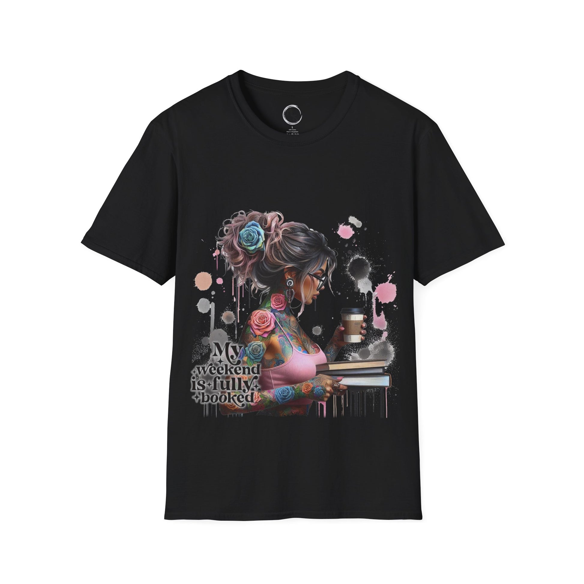 Black t-shirt with a colorful graphic of a woman and text on a black background