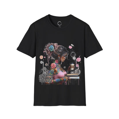 Black t-shirt with a colorful graphic of a woman and text on a black background