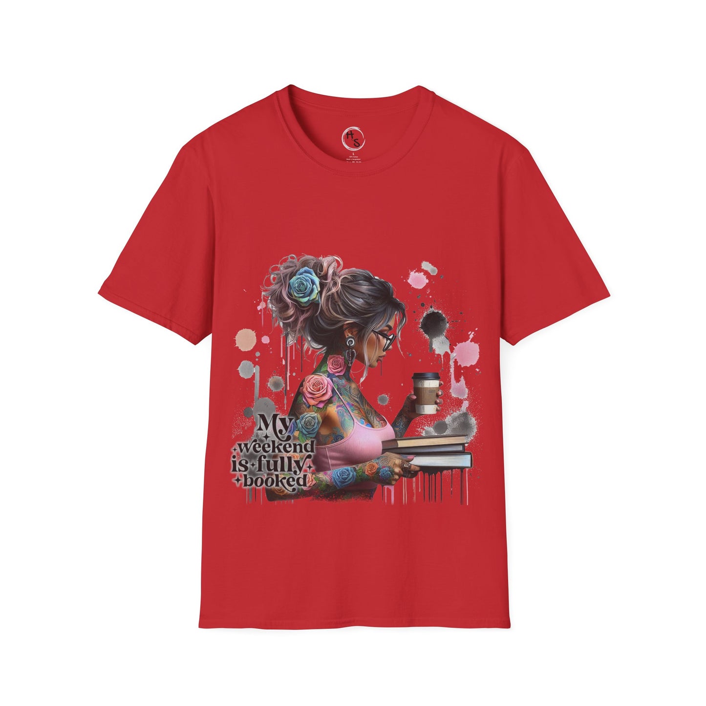 Red t-shirt with a graphic design of a woman and text on a red  background