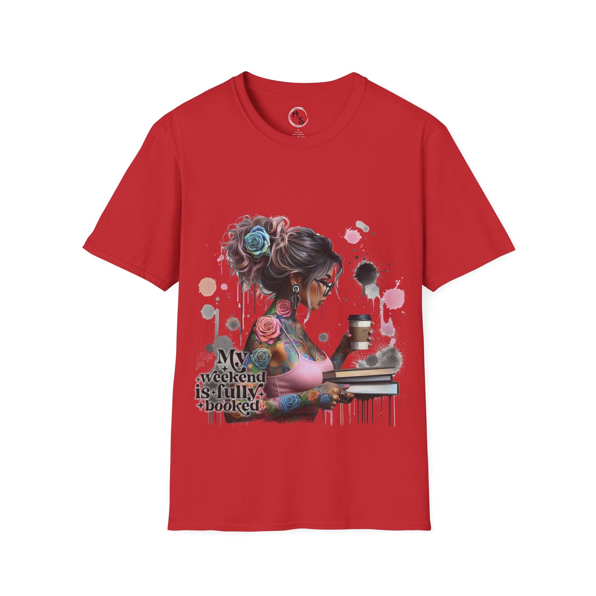 Red t-shirt with a graphic design of a woman and text on a red  background