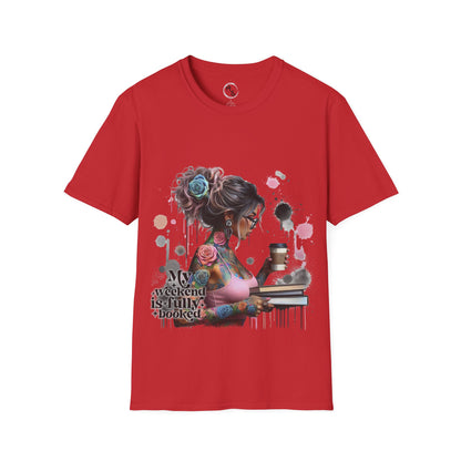 Red t-shirt with a graphic design of a woman and text on a red  background