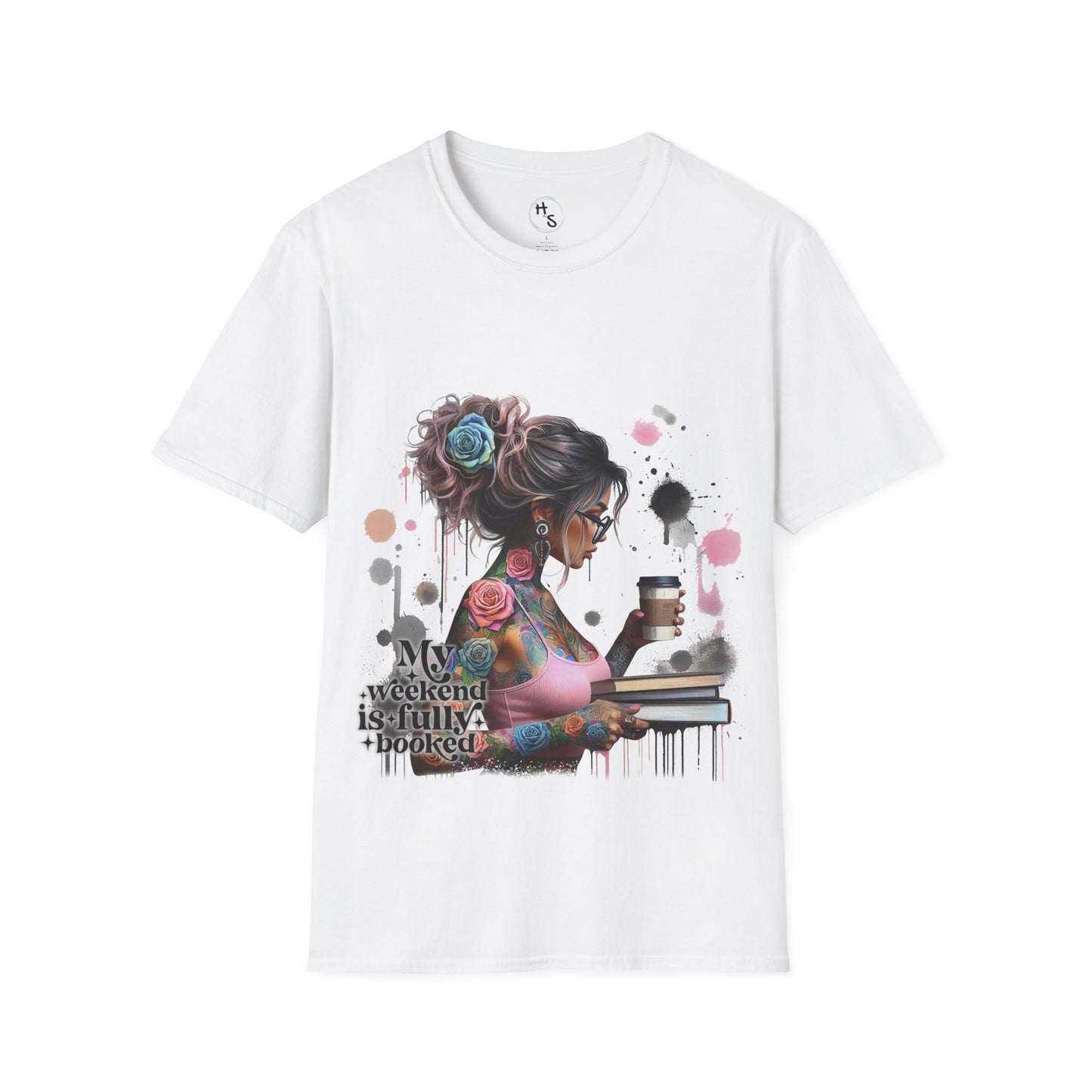 White t-shirt with a graphic design of a woman holding a coffee cup and a book, with text 'My weekend is fully booked'.