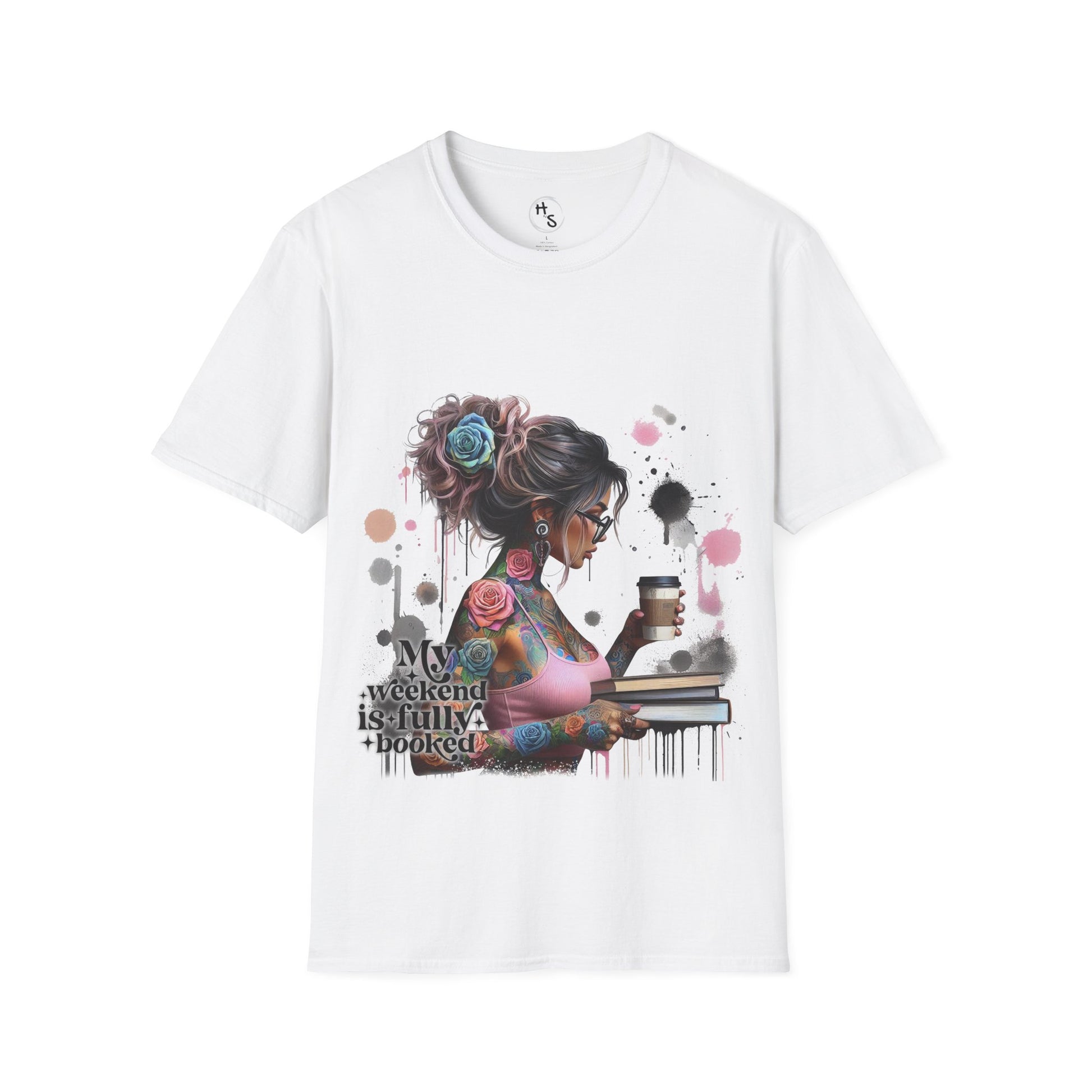 White t-shirt with a graphic design of a woman holding a coffee cup and a book, with text 'My weekend is fully booked'.