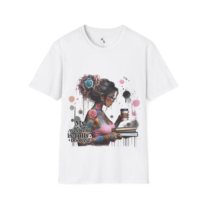 White t-shirt with a graphic design of a woman holding a coffee cup and a book, with text 'My weekend is fully booked'.