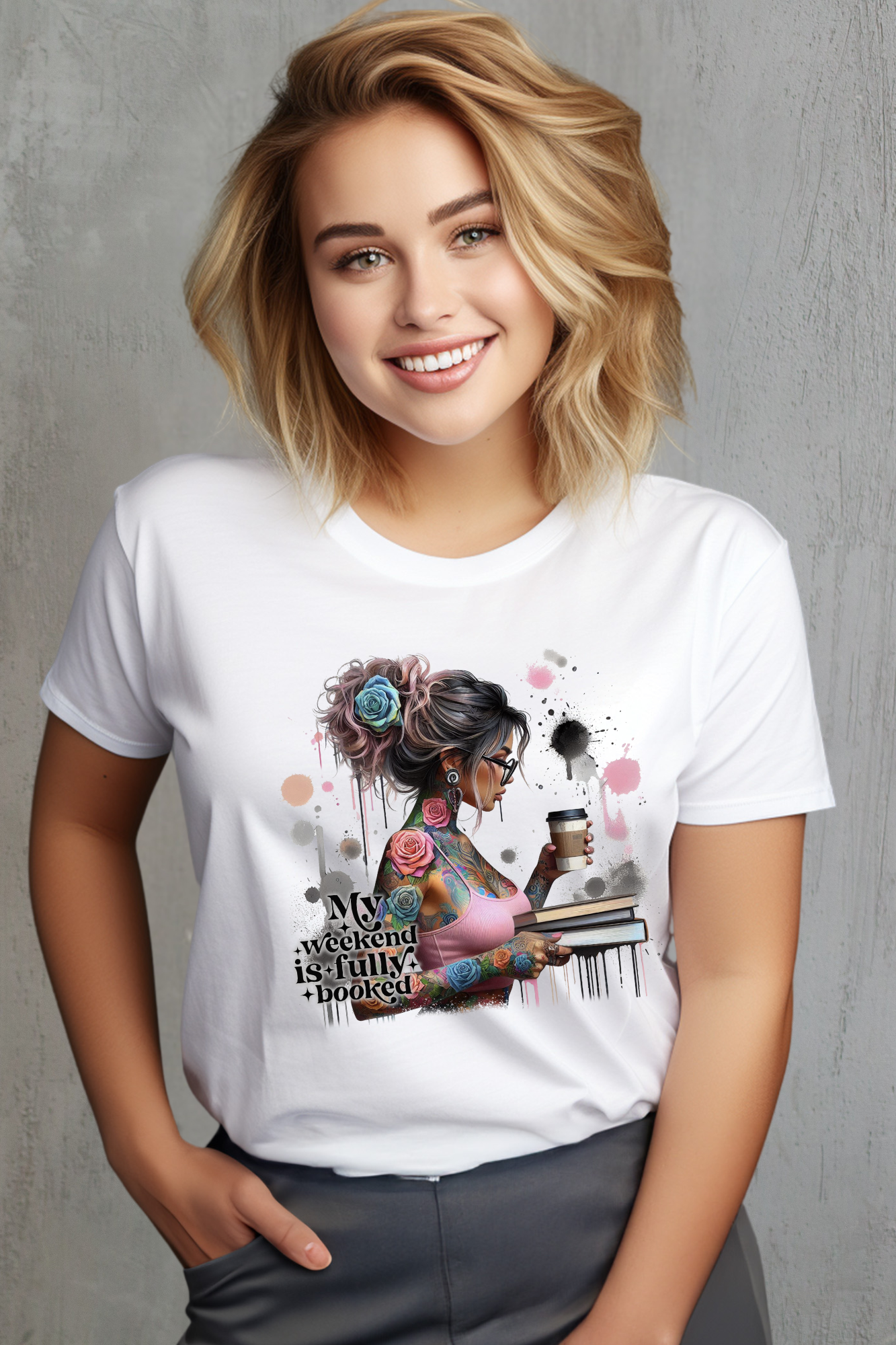 Person wearing a white t-shirt with a graphic design on a white background