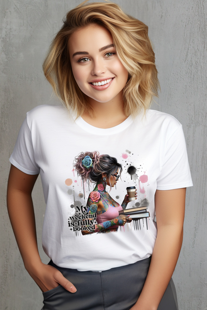 Person wearing a white t-shirt with a graphic design on a white background