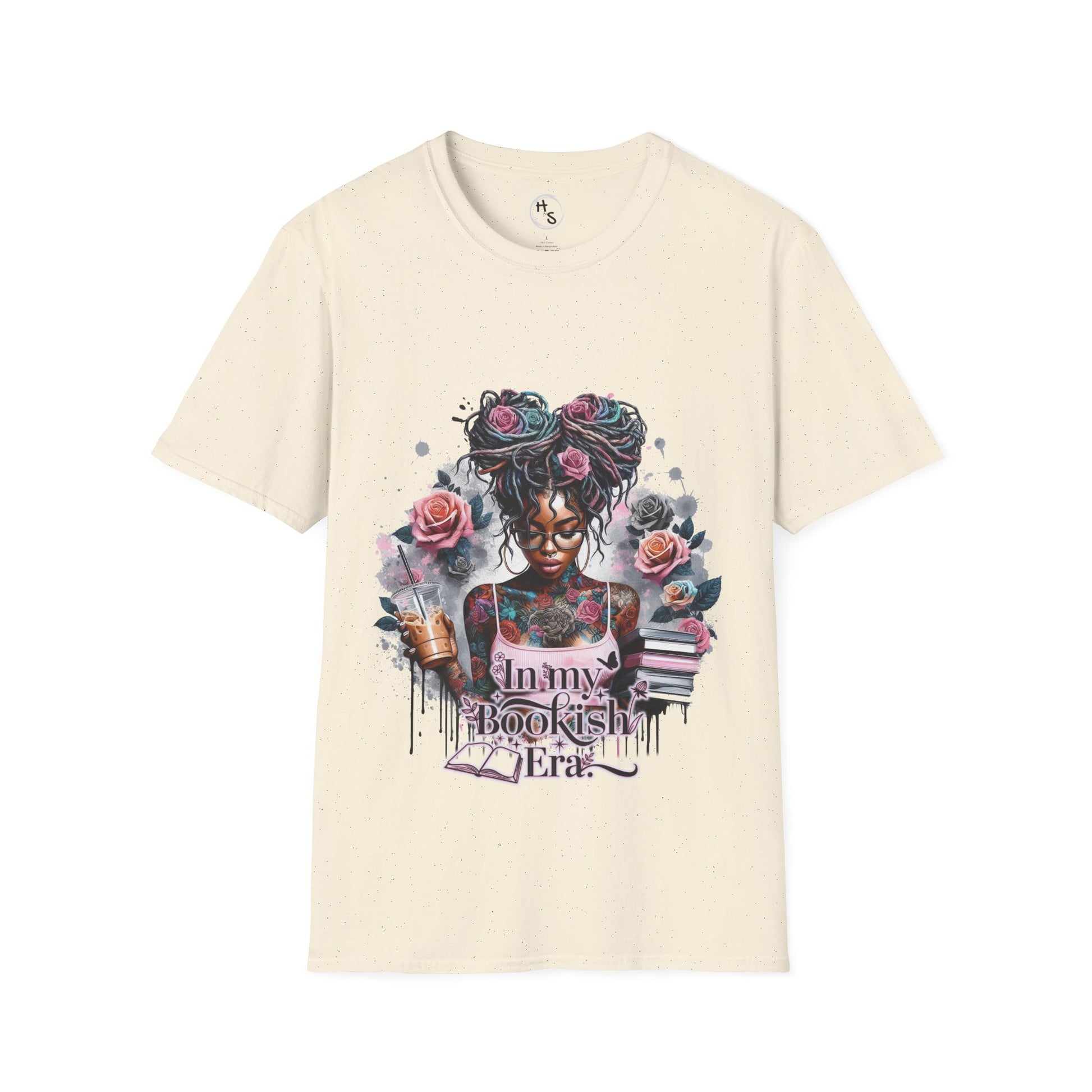 Beige t-shirt with a graphic design of a woman with tattoos and flowers on a white background