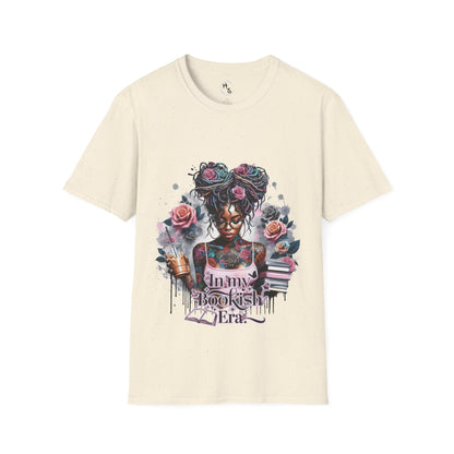 Beige t-shirt with a graphic design of a woman with tattoos and flowers on a white background