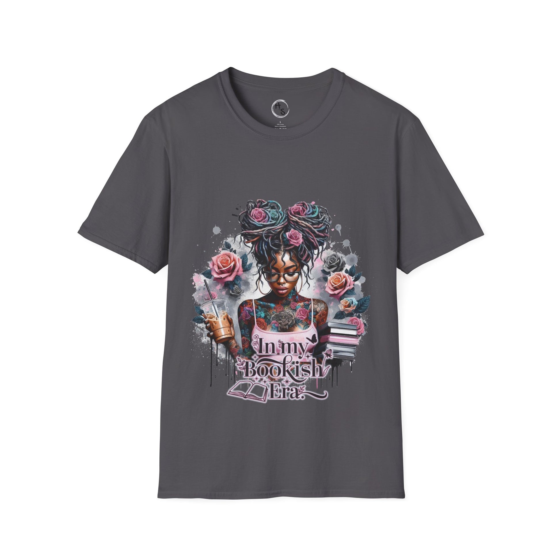 Gray t-shirt with a colorful graphic design featuring a woman, flowers, and text on a white background.