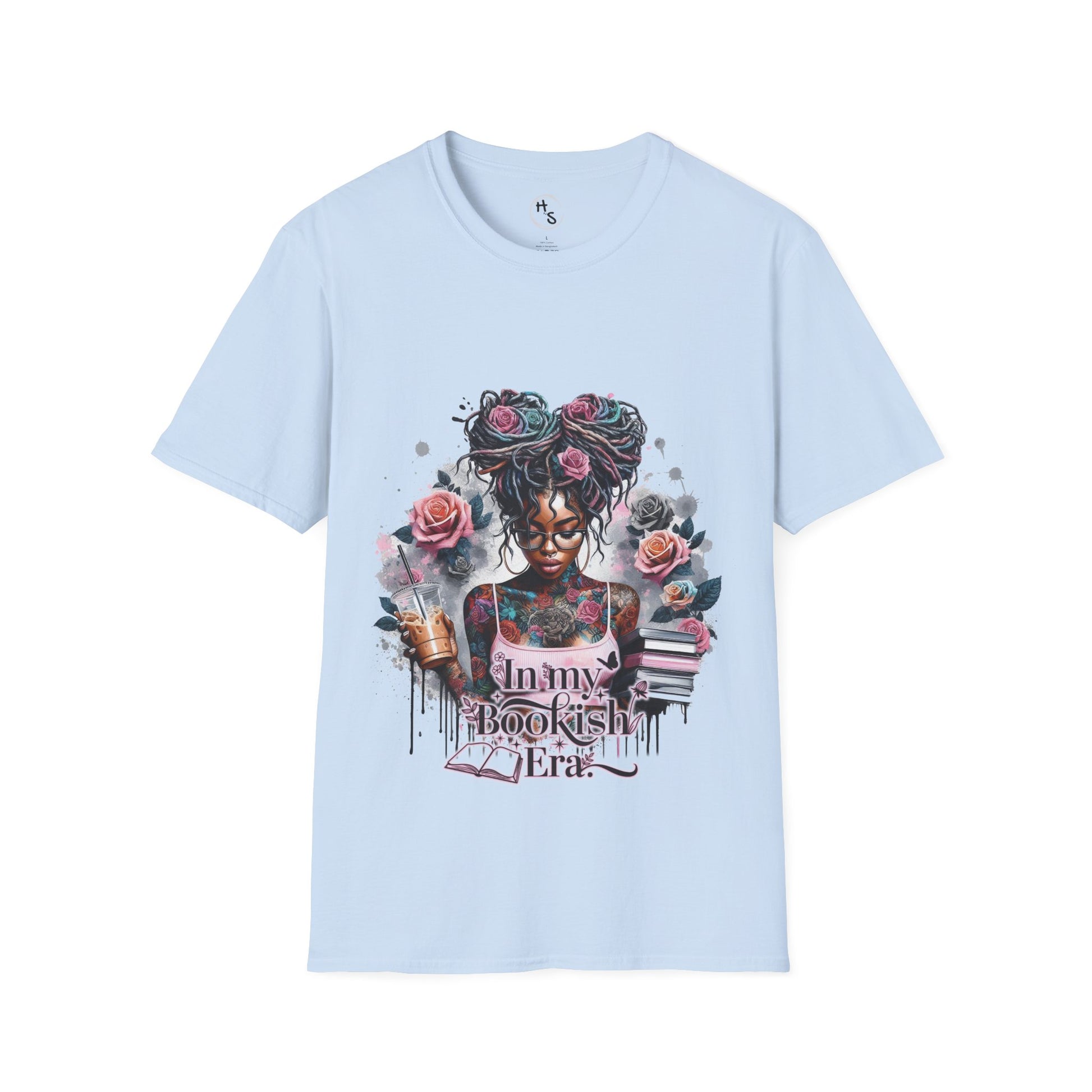Light blue t-shirt with a graphic design of a woman with tattoos and flowers on a white background