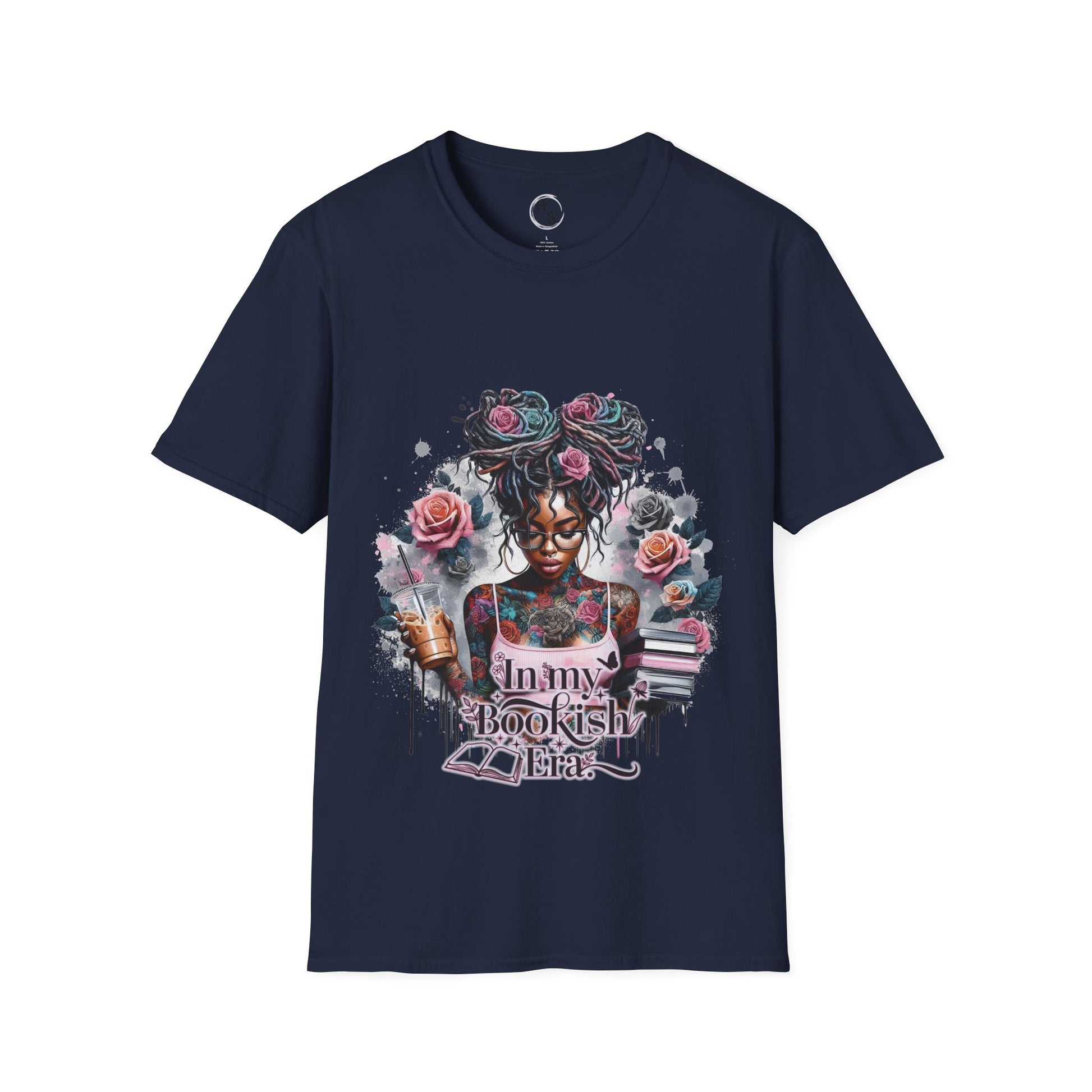Navy blue t-shirt with a colorful graphic design featuring a woman with tattoos and flowers on a white background.