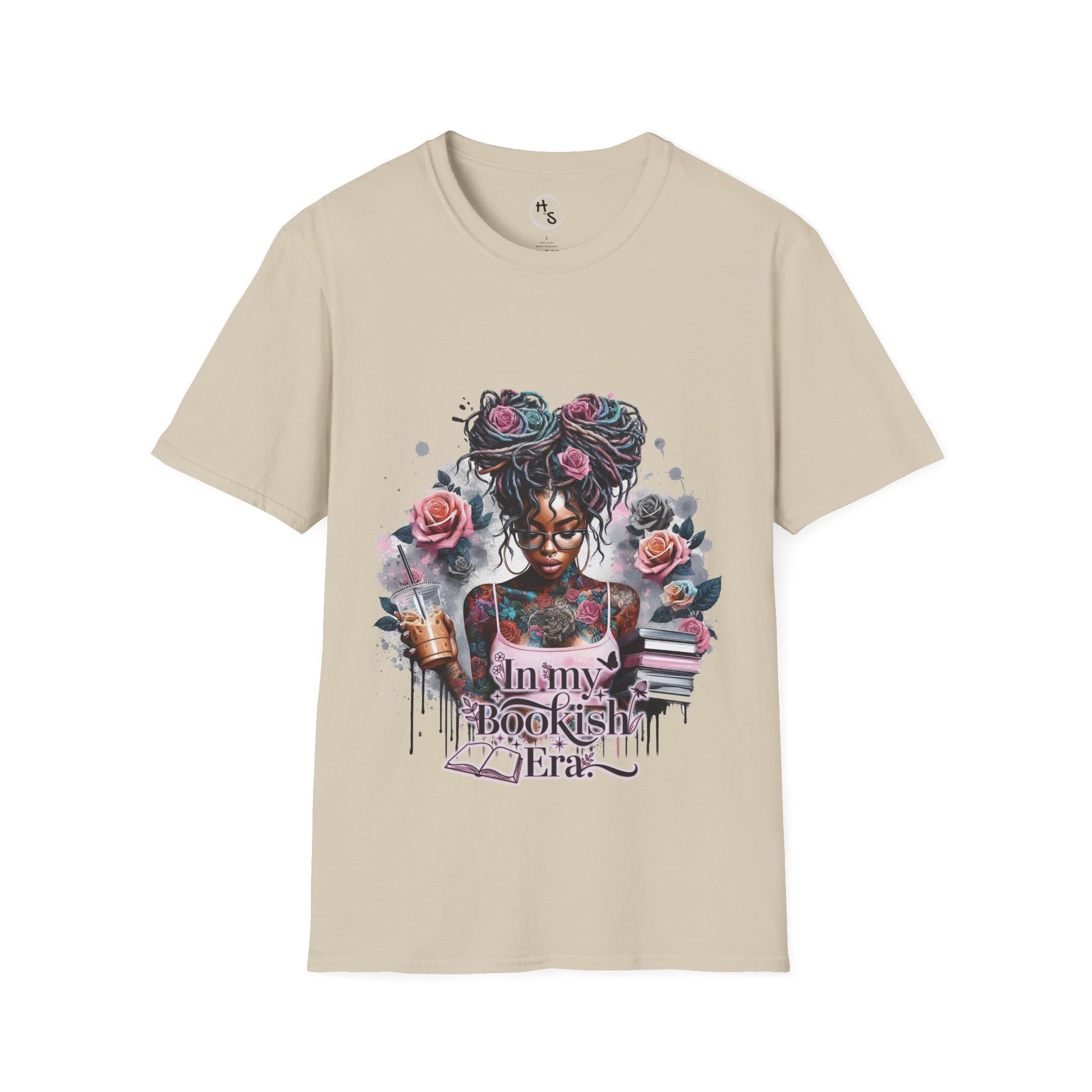 Beige t-shirt with a graphic design of a woman with tattoos and flowers on a white background