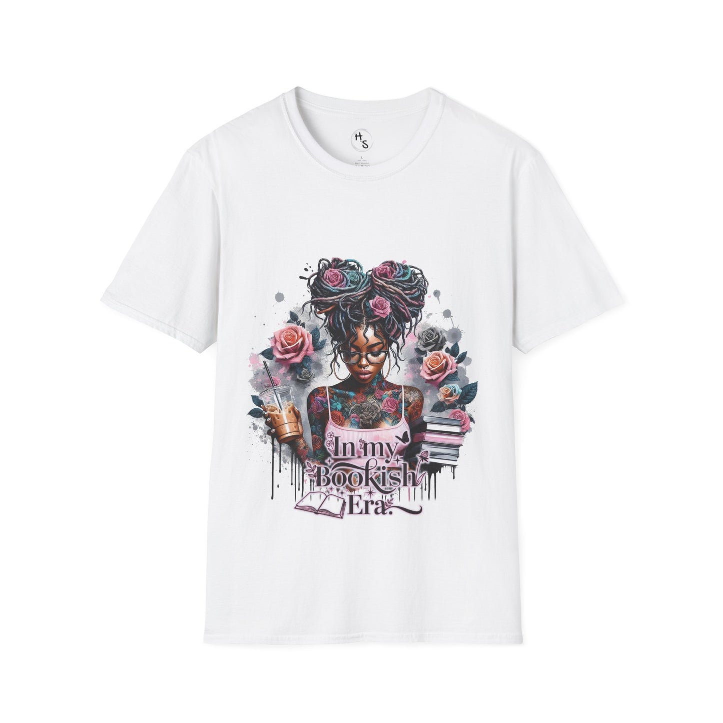White t-shirt with a graphic design of a woman with tattoos and flowers on a white background