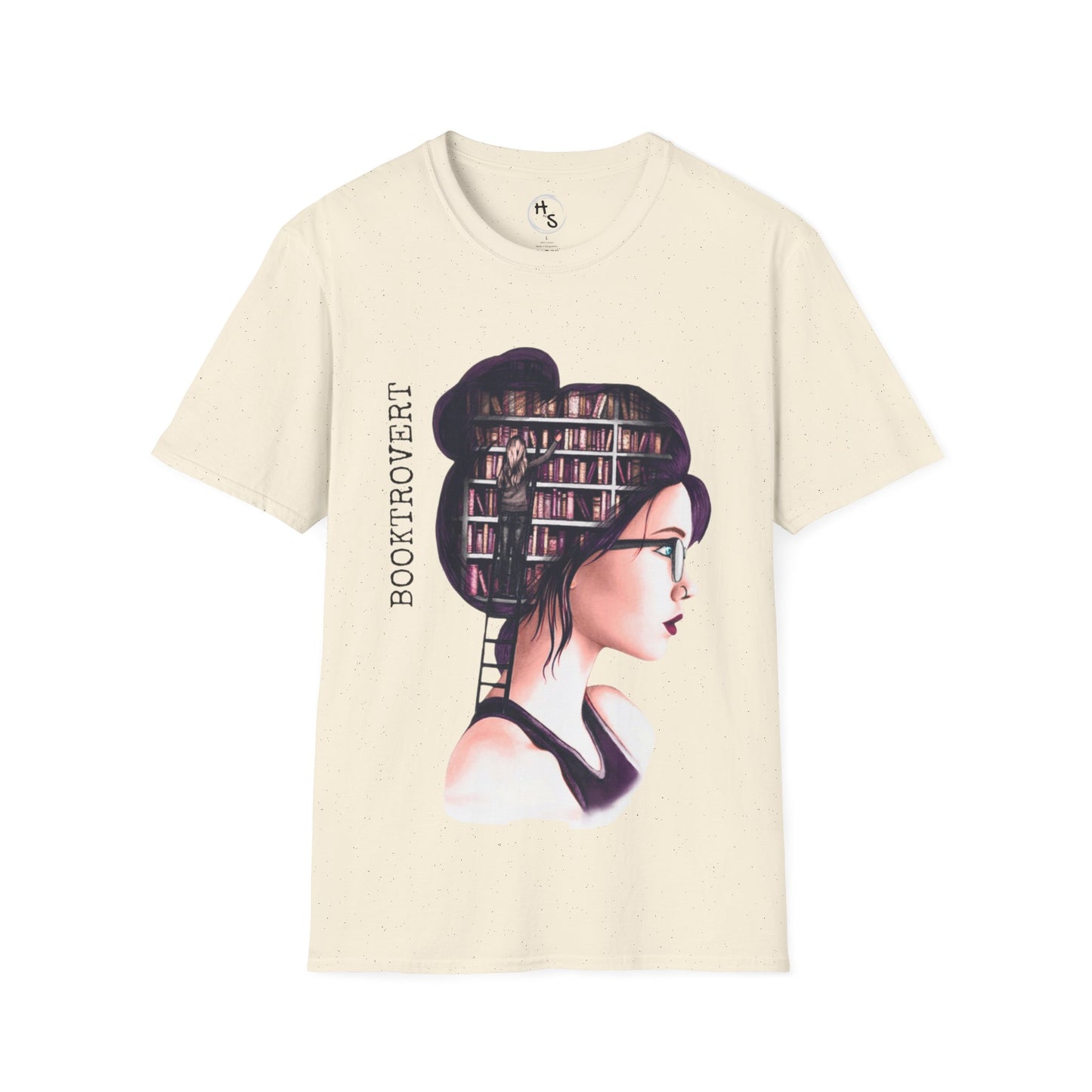 Beige t-shirt with a graphic design of a woman with a bookshelf as hair on a white background