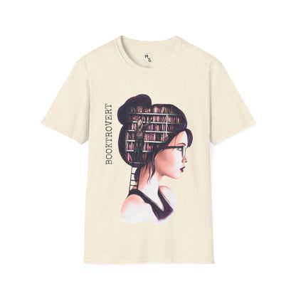 Beige t-shirt with a graphic design of a woman with a bookshelf as hair on a white background