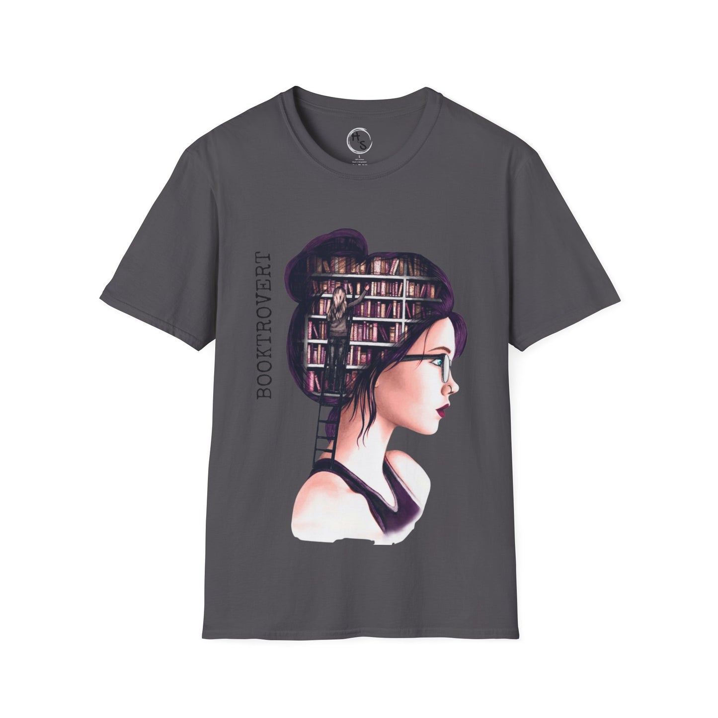 Dark Gray t-shirt with a graphic of a woman with books in her hair and 'Booktrovert' text on a white background