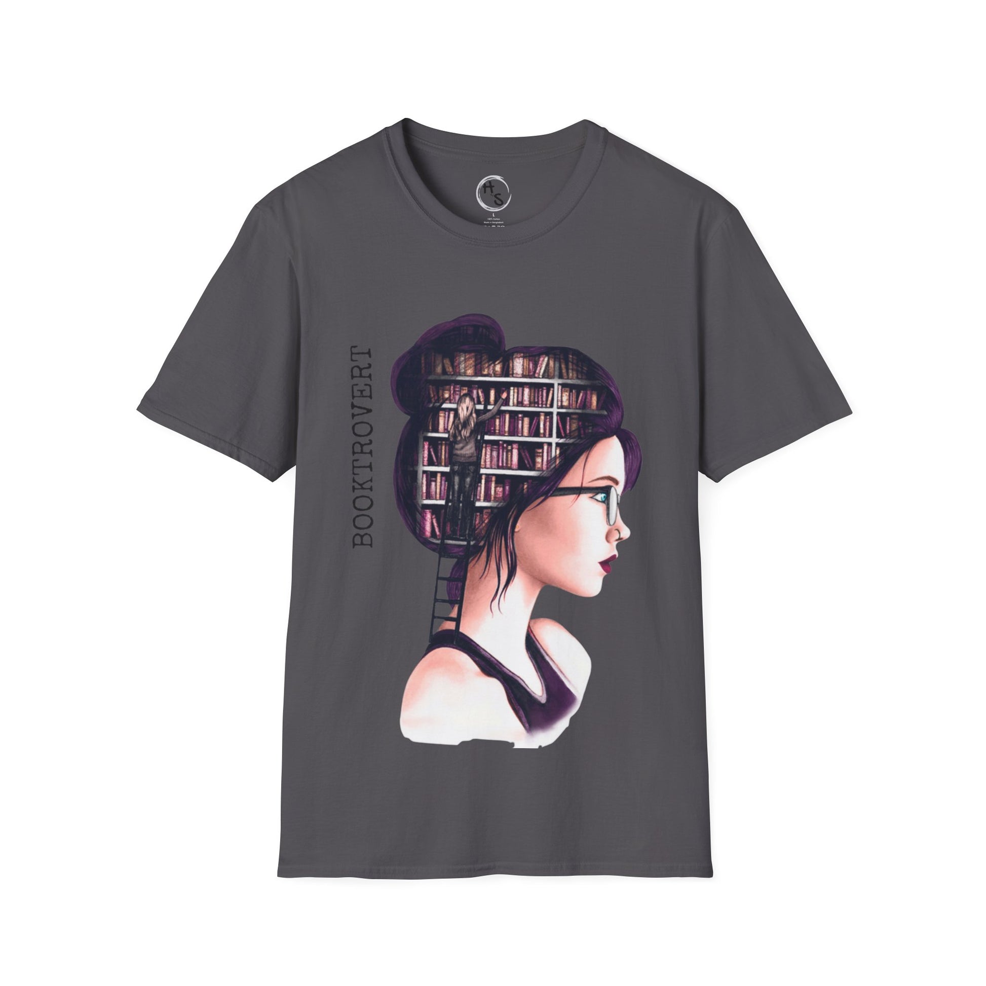 Dark Gray t-shirt with a graphic of a woman with books in her hair and 'Booktrovert' text on a white background