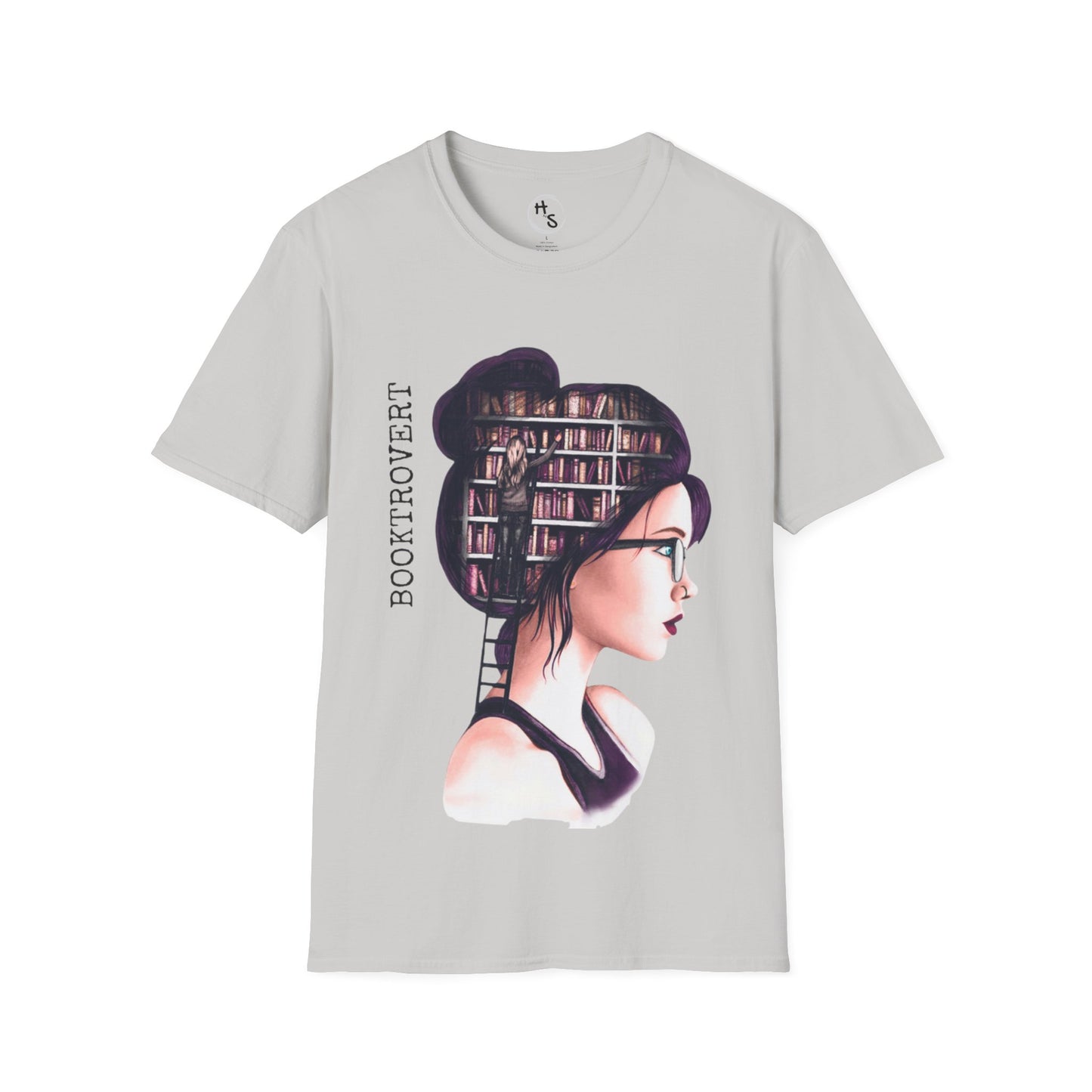 Gray t-shirt with a graphic design of a woman's head filled with books and the text 'Booklover' on a white background.