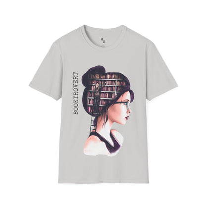 Gray t-shirt with a graphic design of a woman's head filled with books and the text 'Booklover' on a white background.