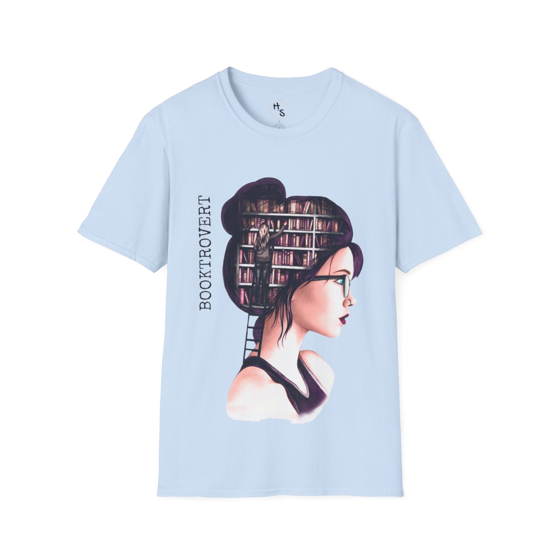 Light blue t-shirt with a graphic of a woman with books in her hair and 'BOOKTROVERT' text on a white background.