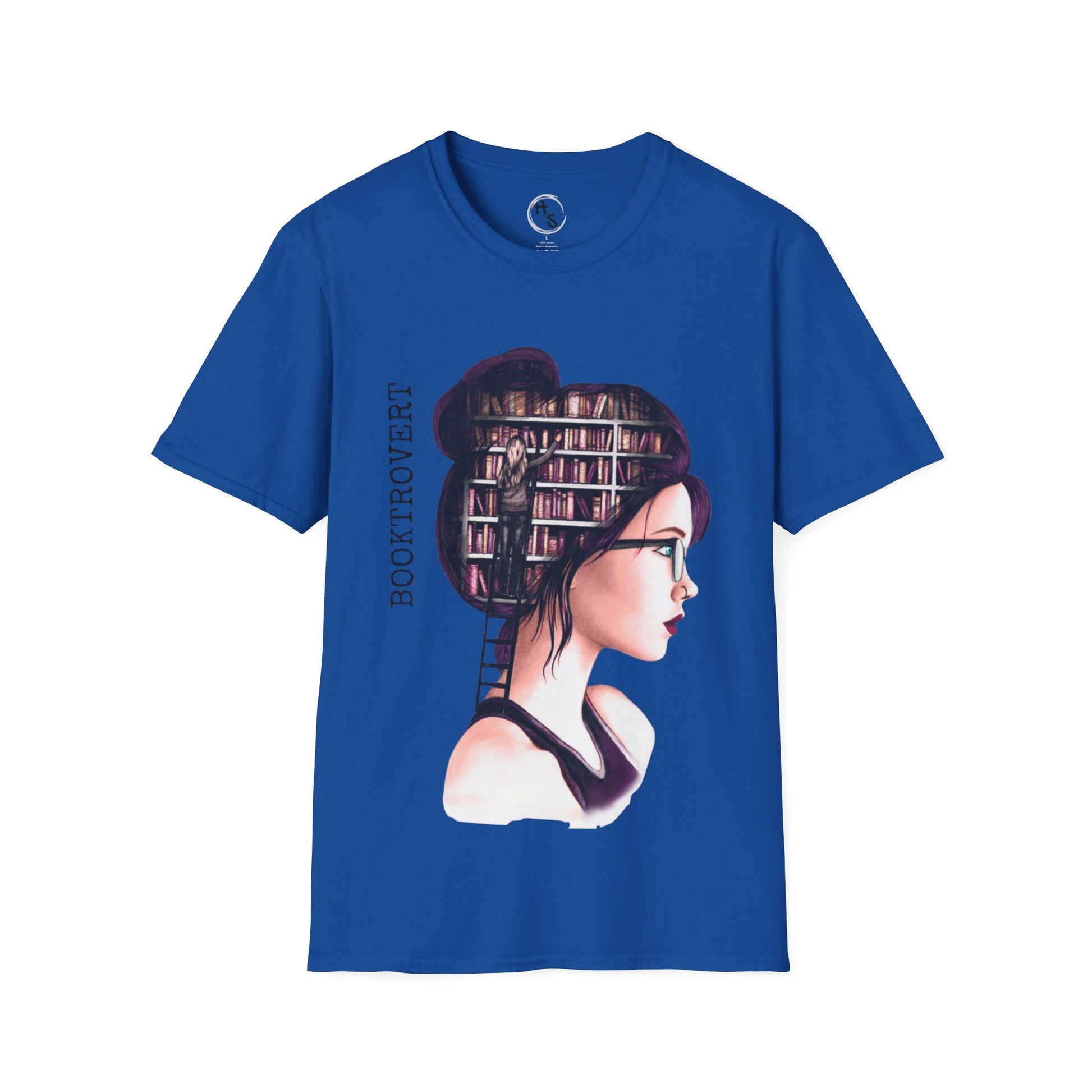 Blue t-shirt with a graphic design of a woman's head filled with books on a white background
