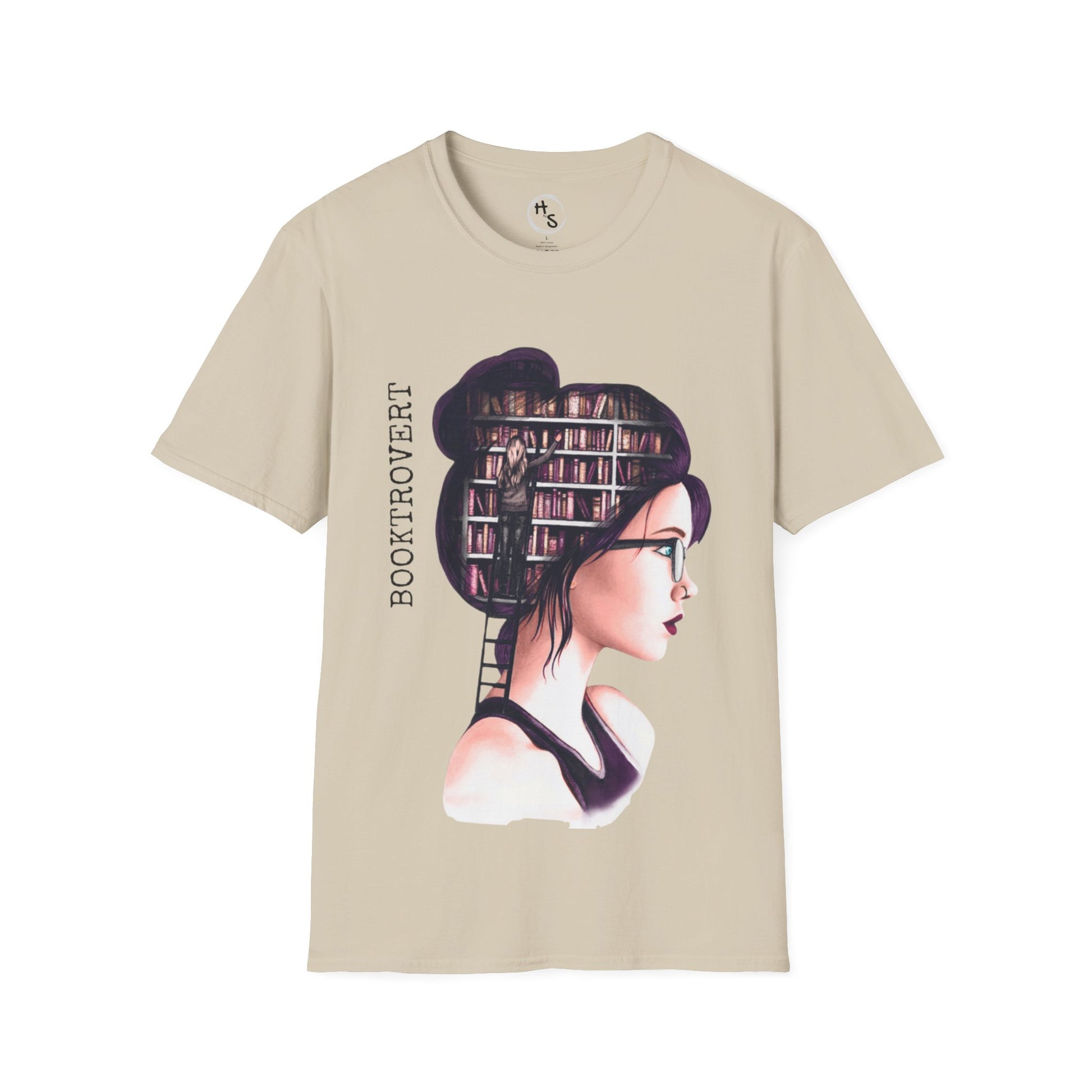 Beige t-shirt with a graphic design of a woman with books on her head and 'Bookaroovert' text.