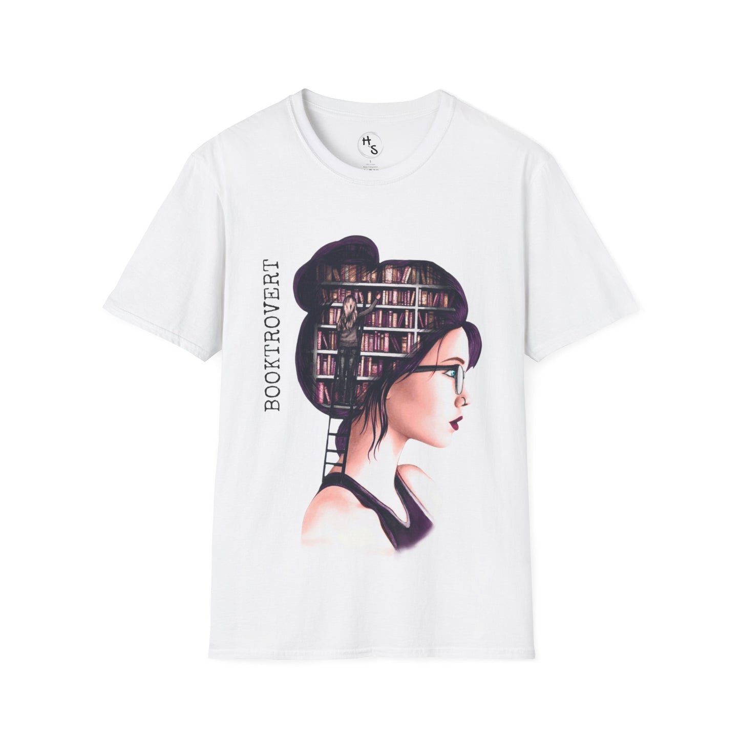 White t-shirt with a graphic design of a woman's head filled with books and the text 'BOOKTROVERT' on a white background.