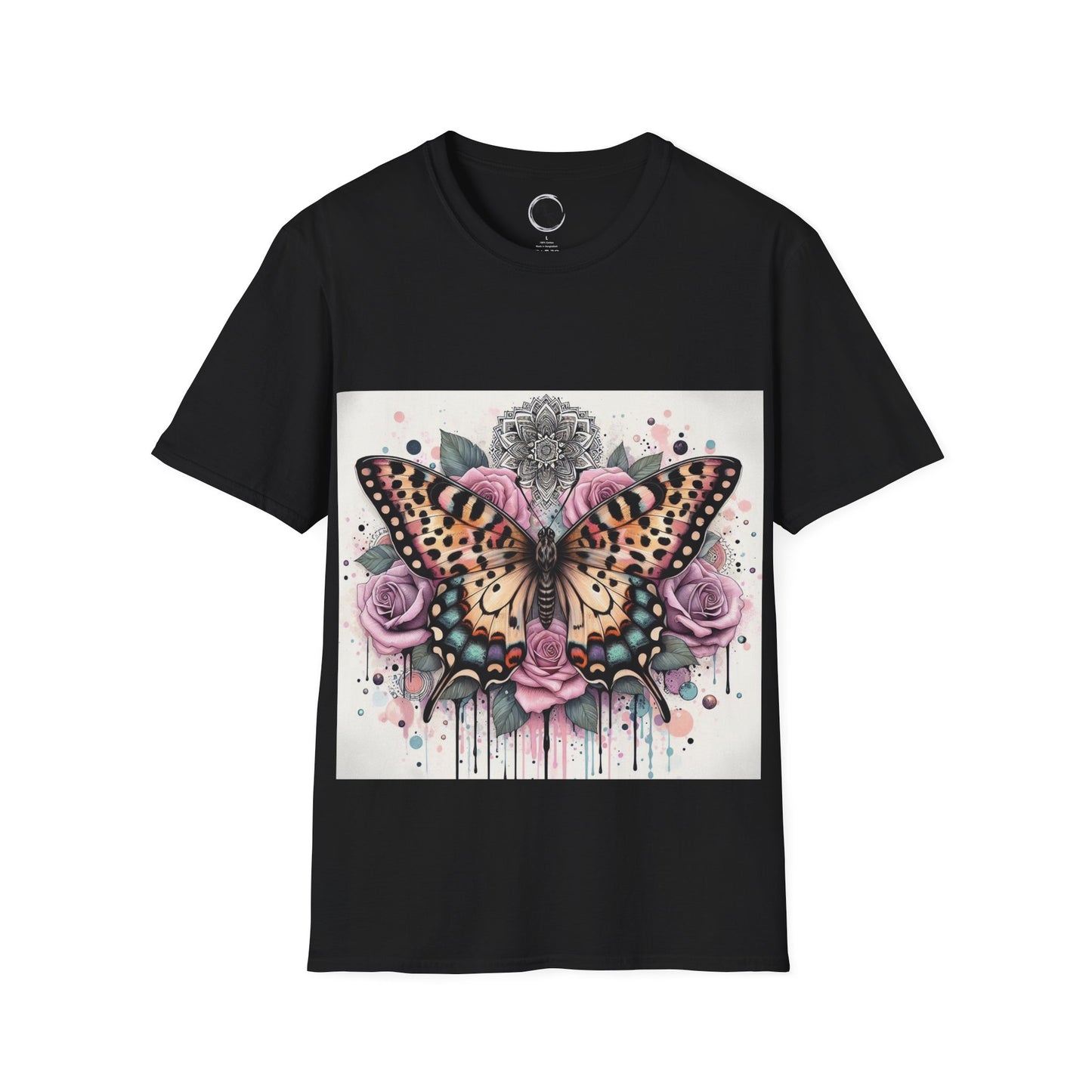 Black t-shirt with a colorful butterfly and flower design on a white background