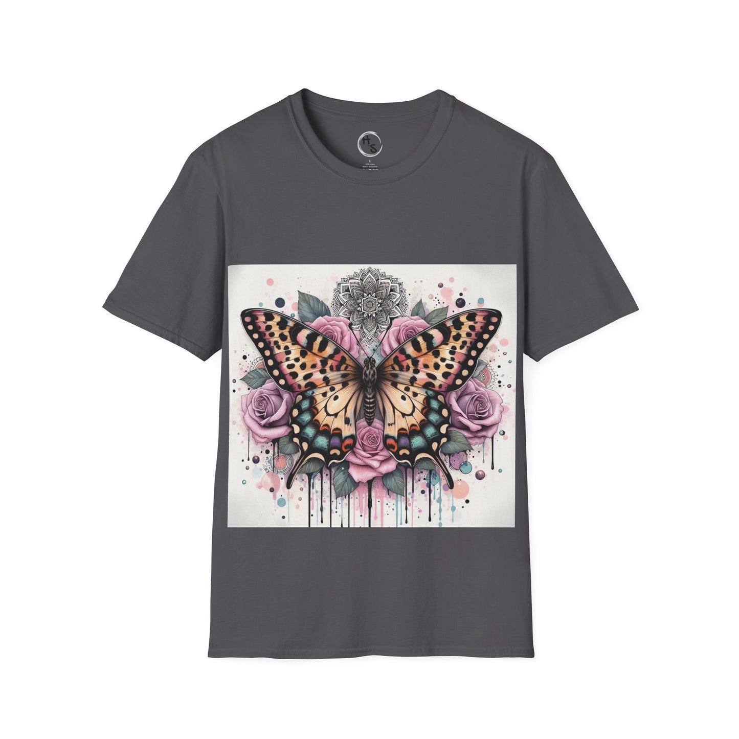 Charcoal t-shirt featuring an intricate butterfly mandala design.