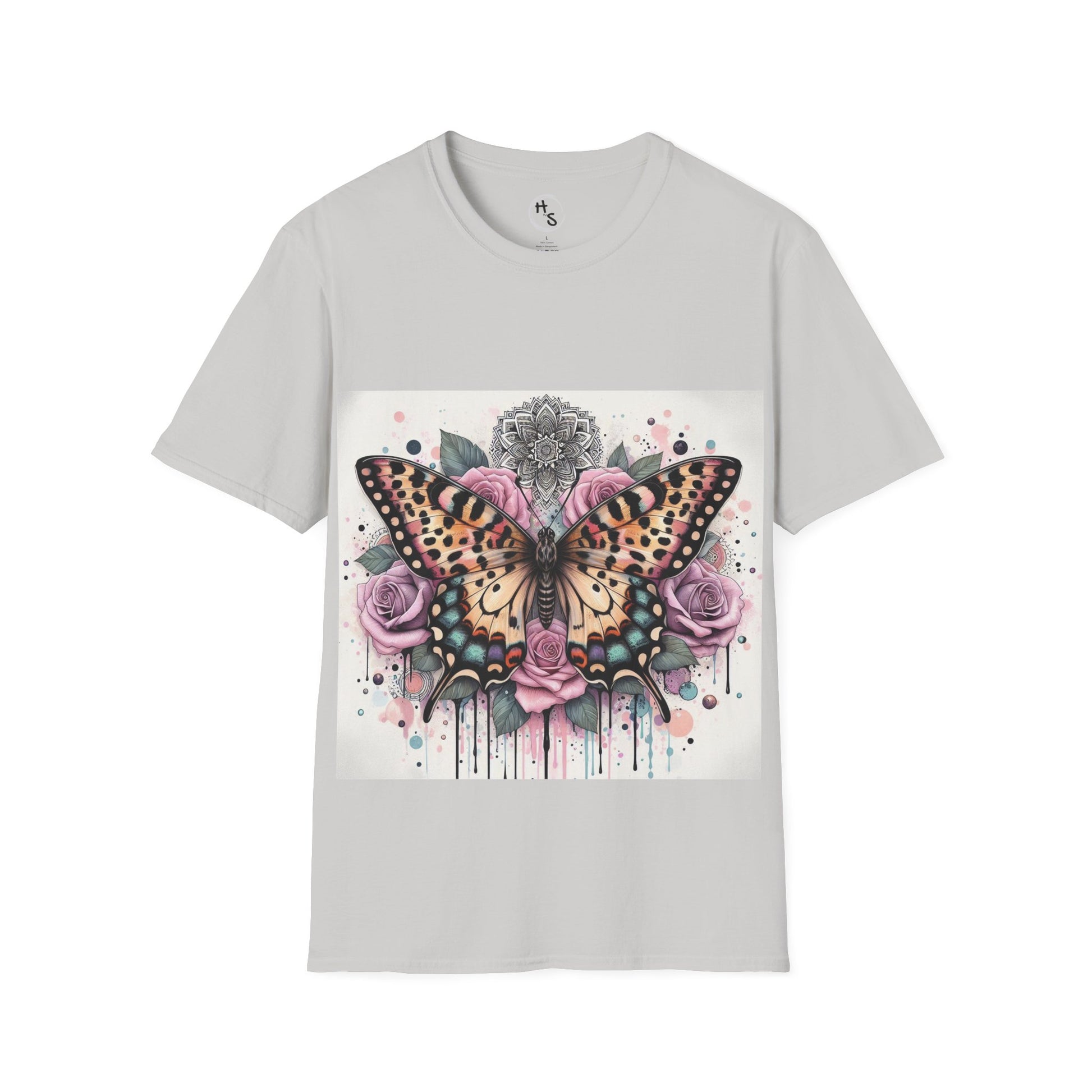 Gray t-shirt with a colorful butterfly and rose design on a white background