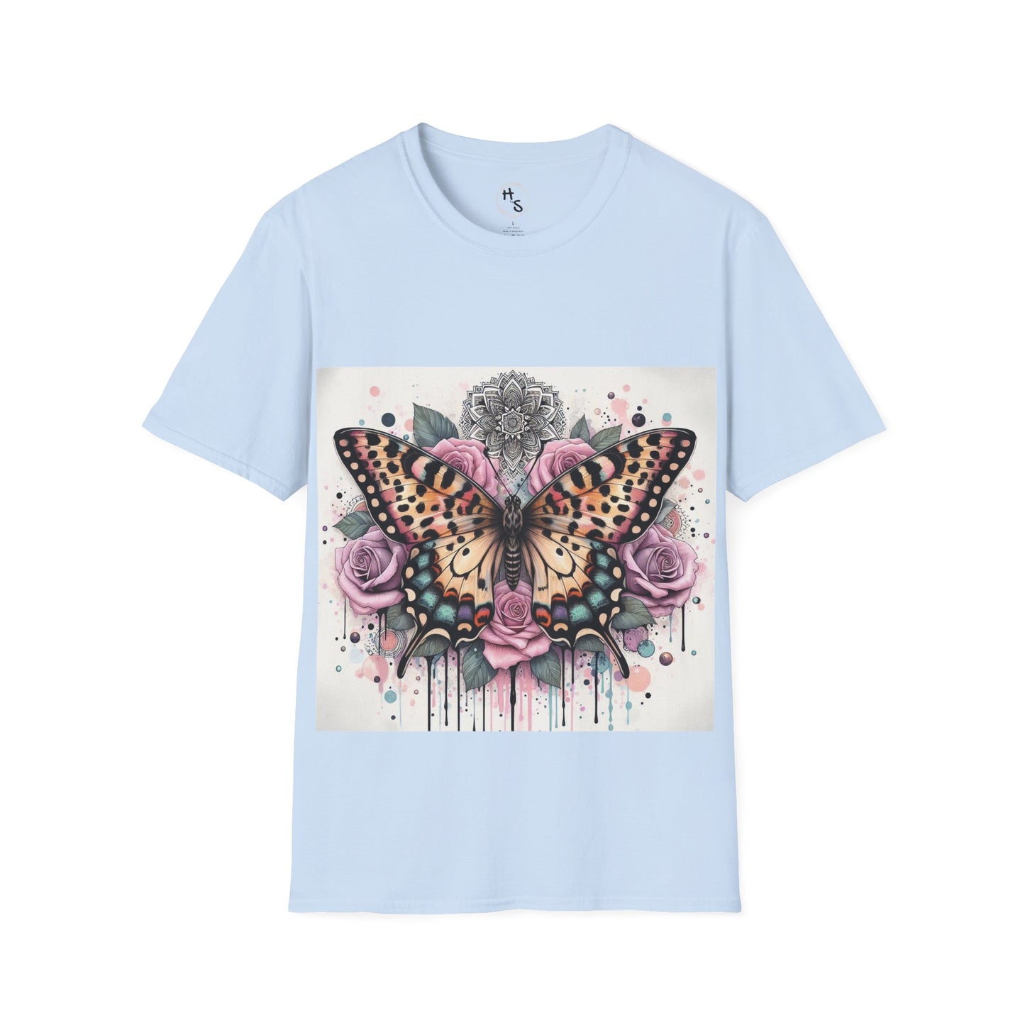 Light blue t-shirt featuring an intricate butterfly mandala design.