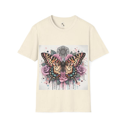 Natural color t-shirt featuring a detailed butterfly mandala design.