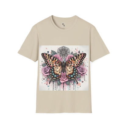 Beige t-shirt with a colorful butterfly and flower design on a white background.