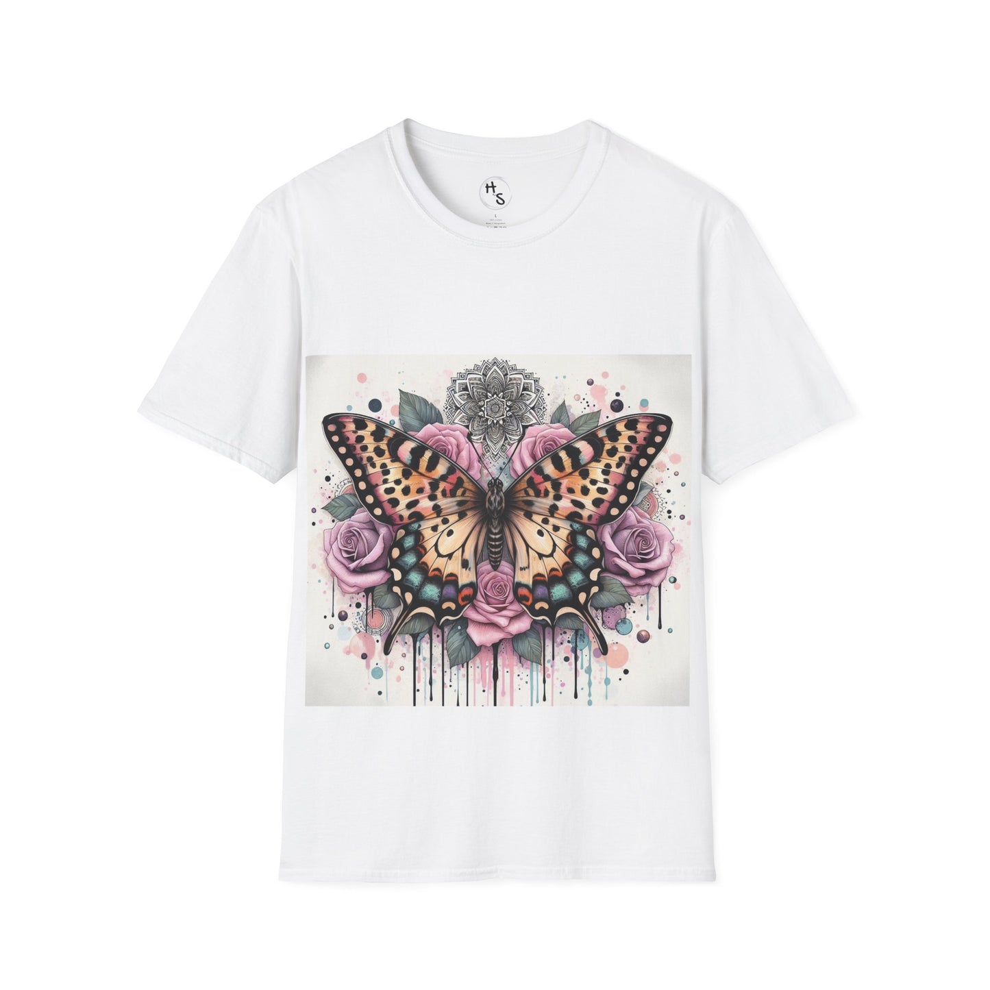 White t-shirt with a colorful butterfly and floral design on a white background
