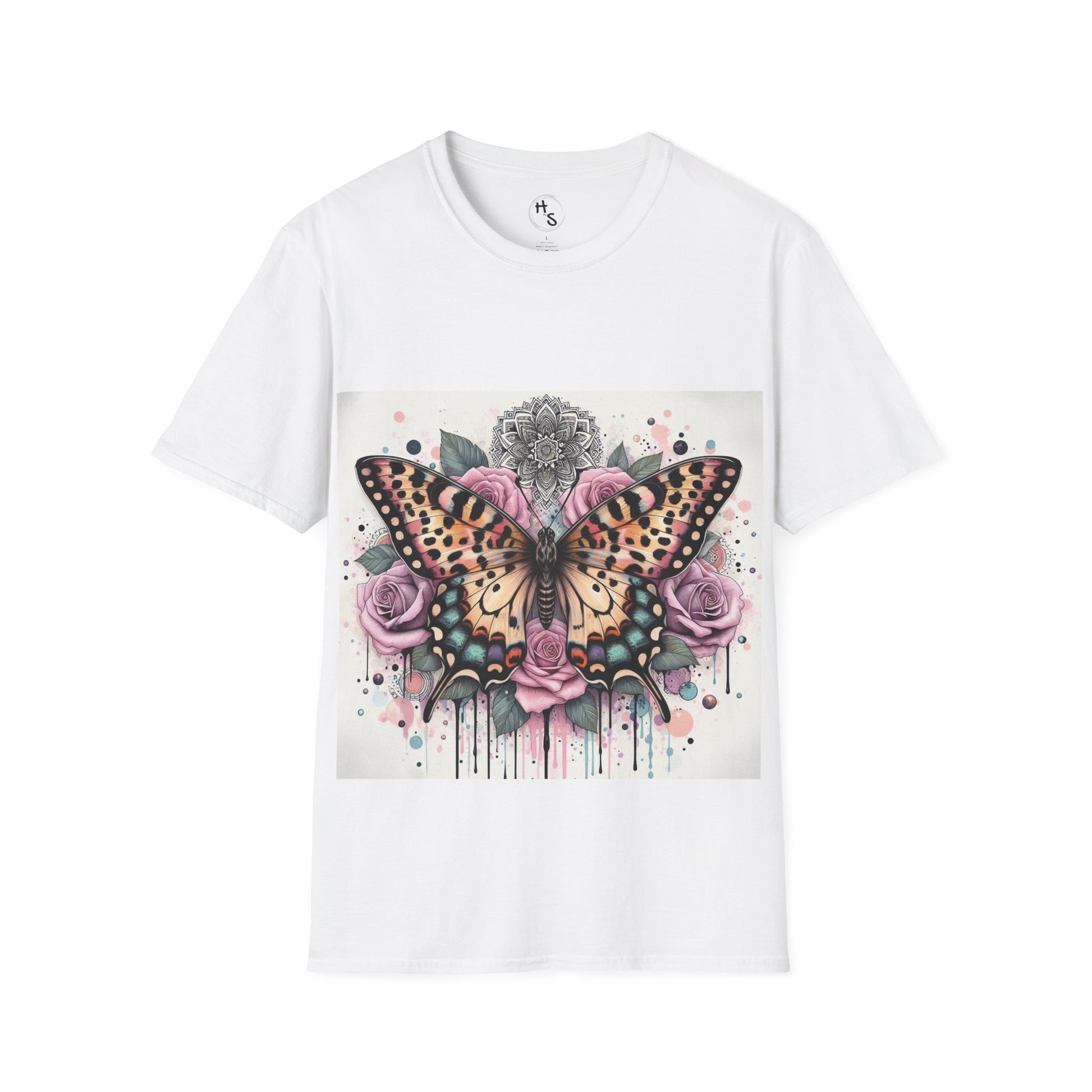 White t-shirt with a colorful butterfly and floral design on a white background