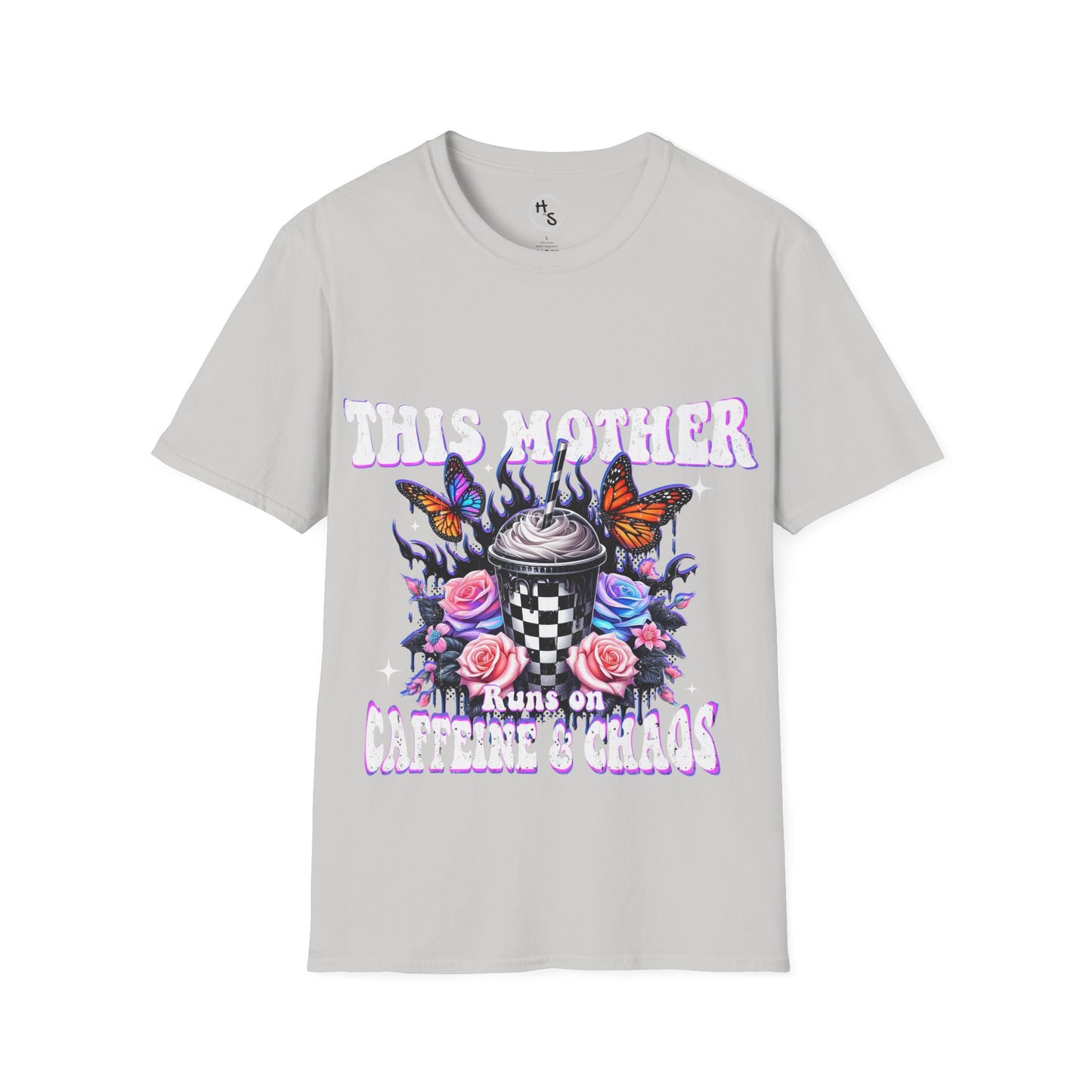 Gray t-shirt with colorful graphic design and text on a white background