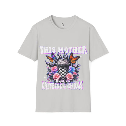 Gray t-shirt with colorful graphic design and text on a white background