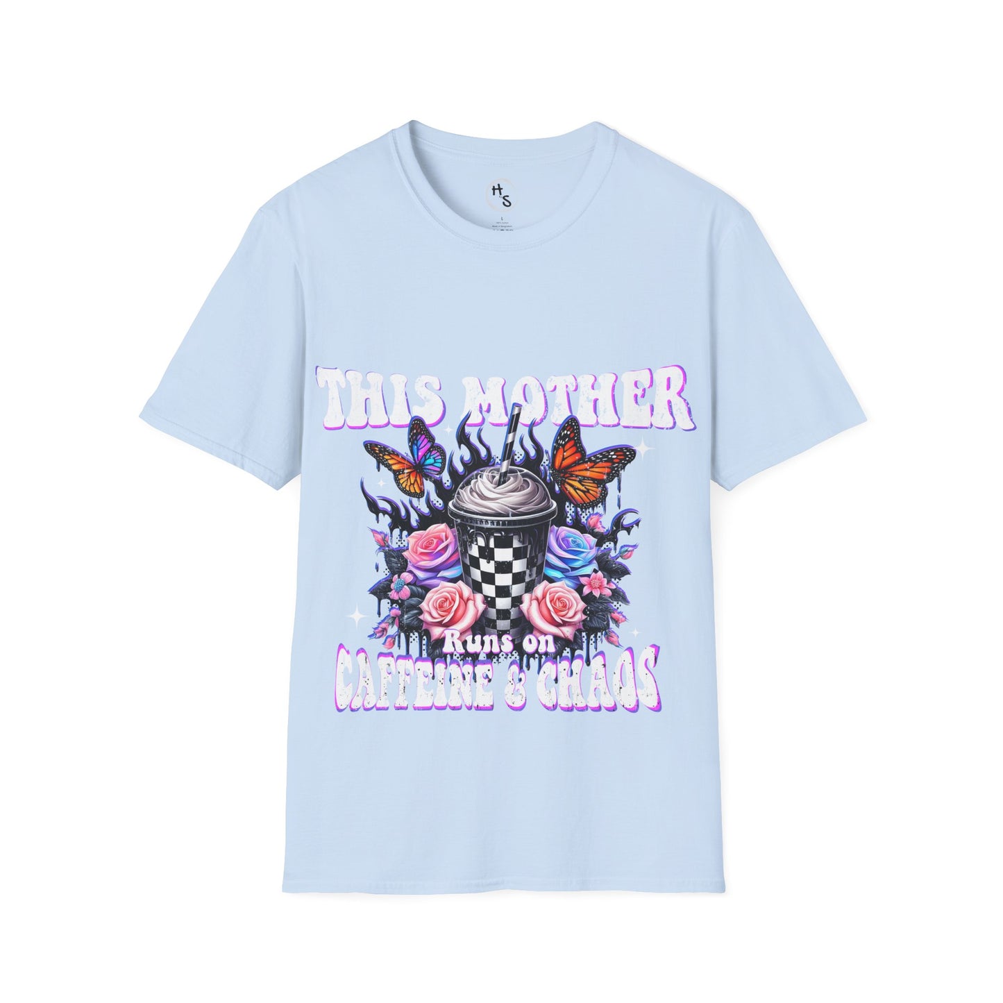 Light blue t-shirt with colorful graphic design and text on a white background