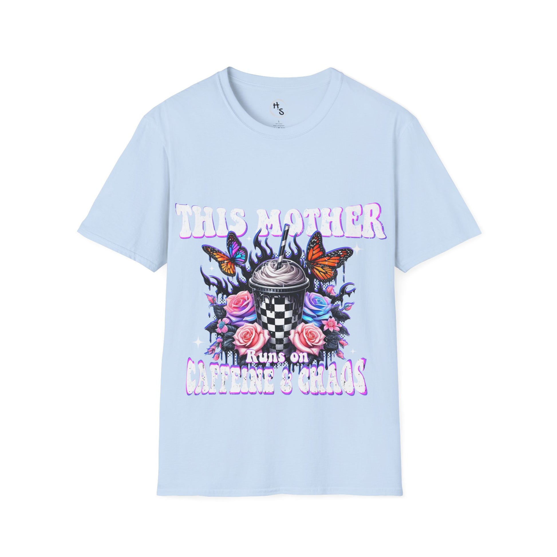 Light blue t-shirt with colorful graphic design and text on a white background