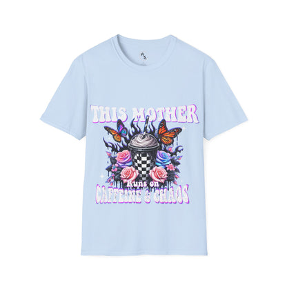 Light blue t-shirt with colorful graphic design and text on a white background