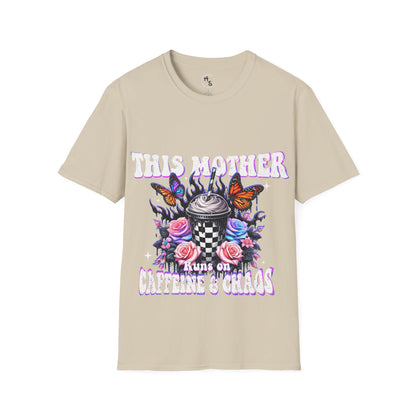 Beige t-shirt with graphic design and text on a white background