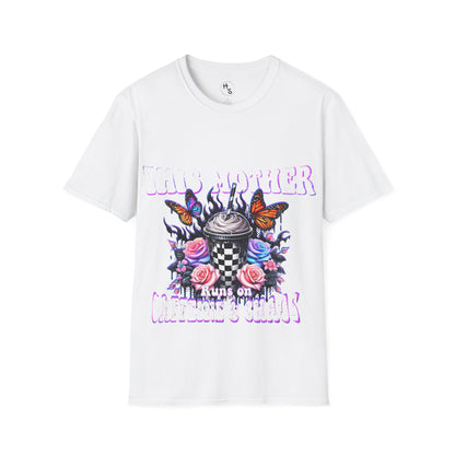 White t-shirt with colorful graphic design featuring flowers, butterflies, and text on a white background