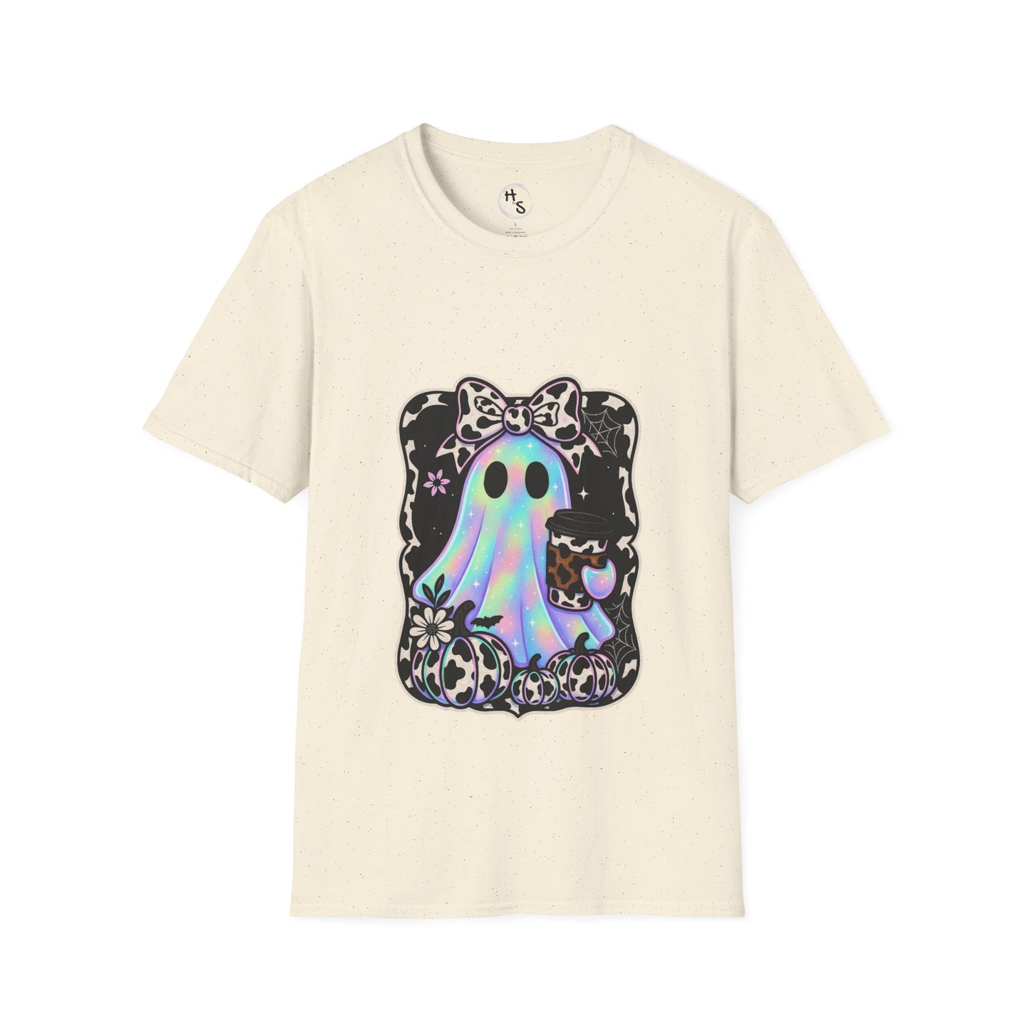 Beige t-shirt with a colorful ghost design on a white background
