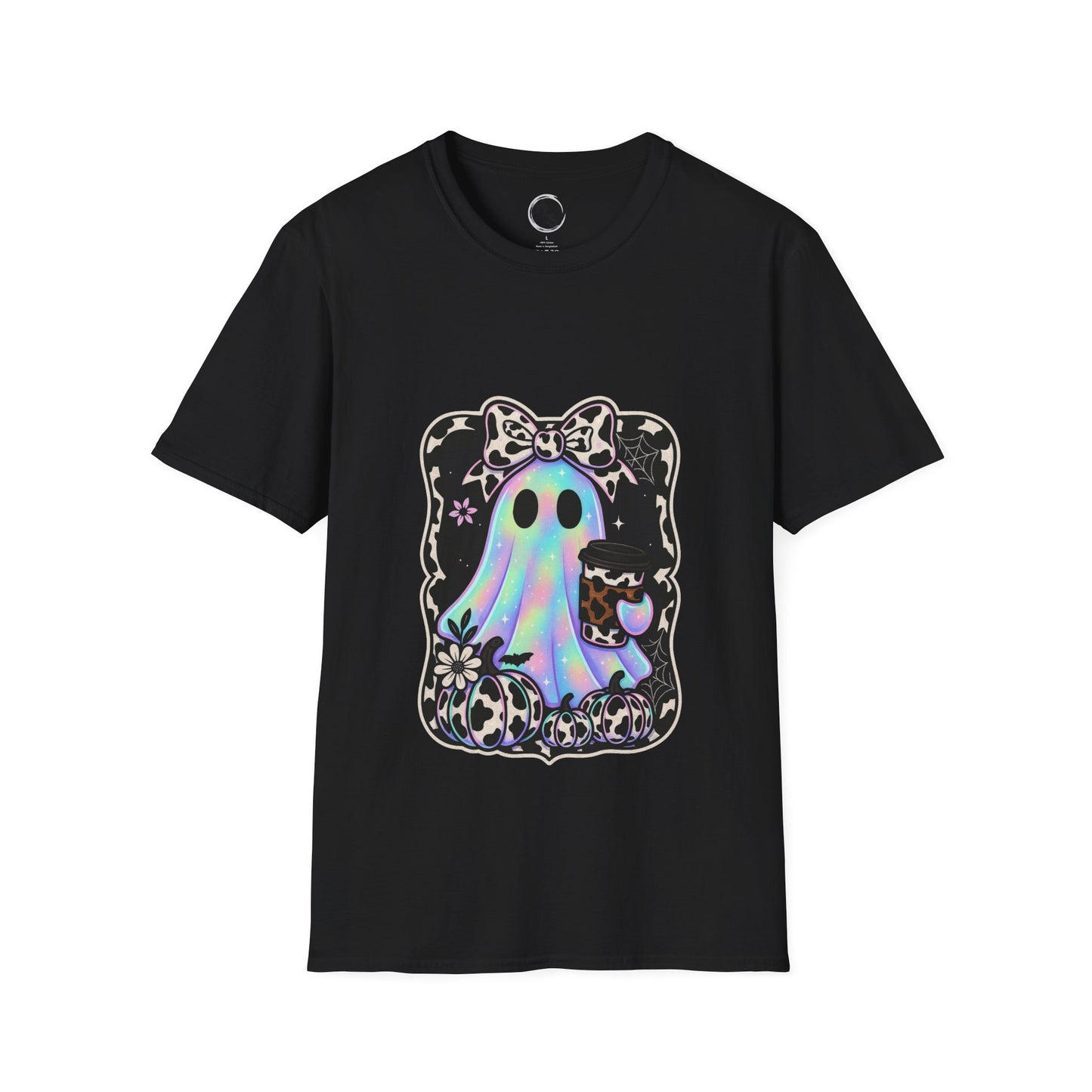 Black t-shirt with a colorful ghost design on a white background