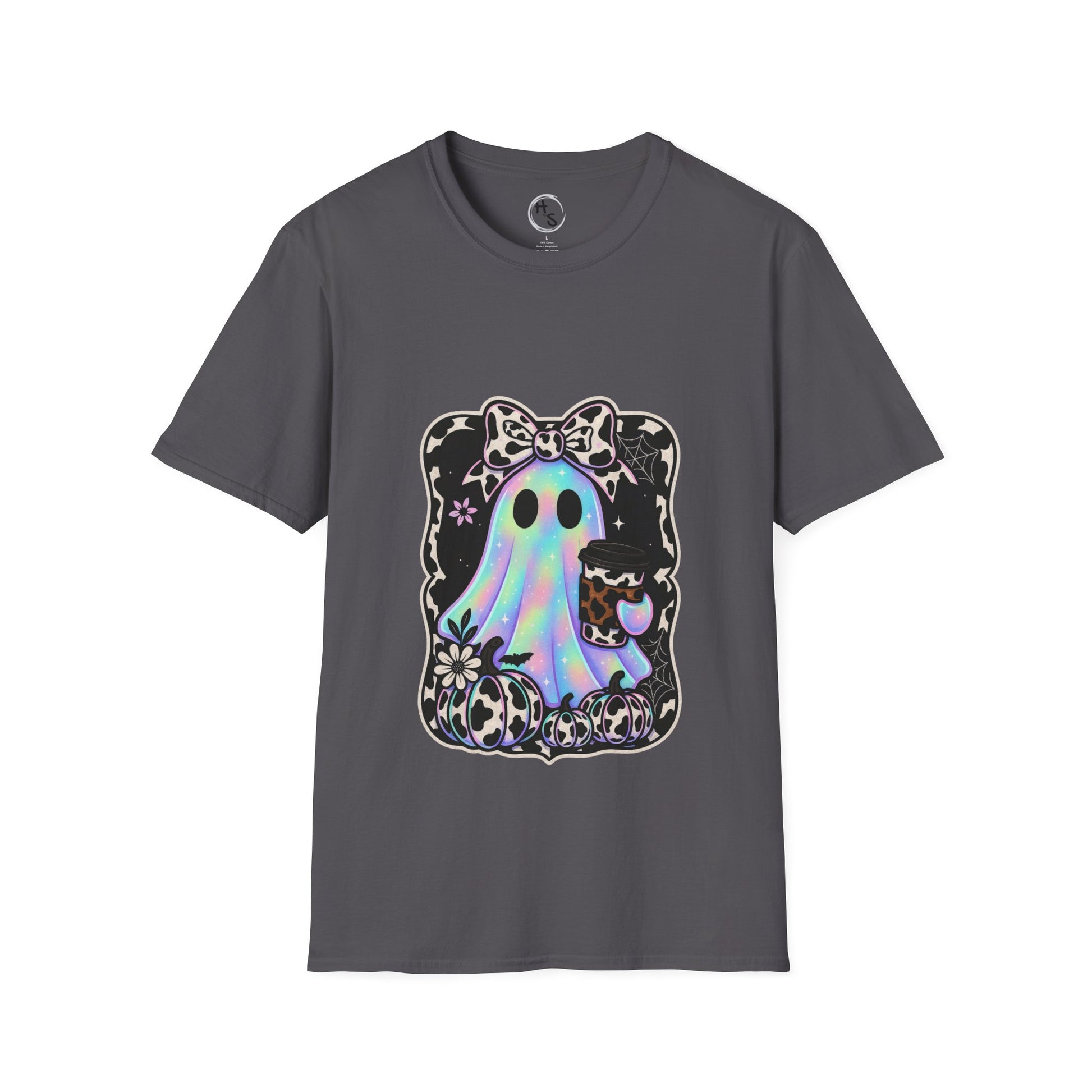 Gray t-shirt with a colorful ghost design on a white background