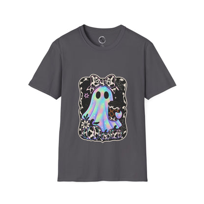 Gray t-shirt with a colorful ghost design on a white background