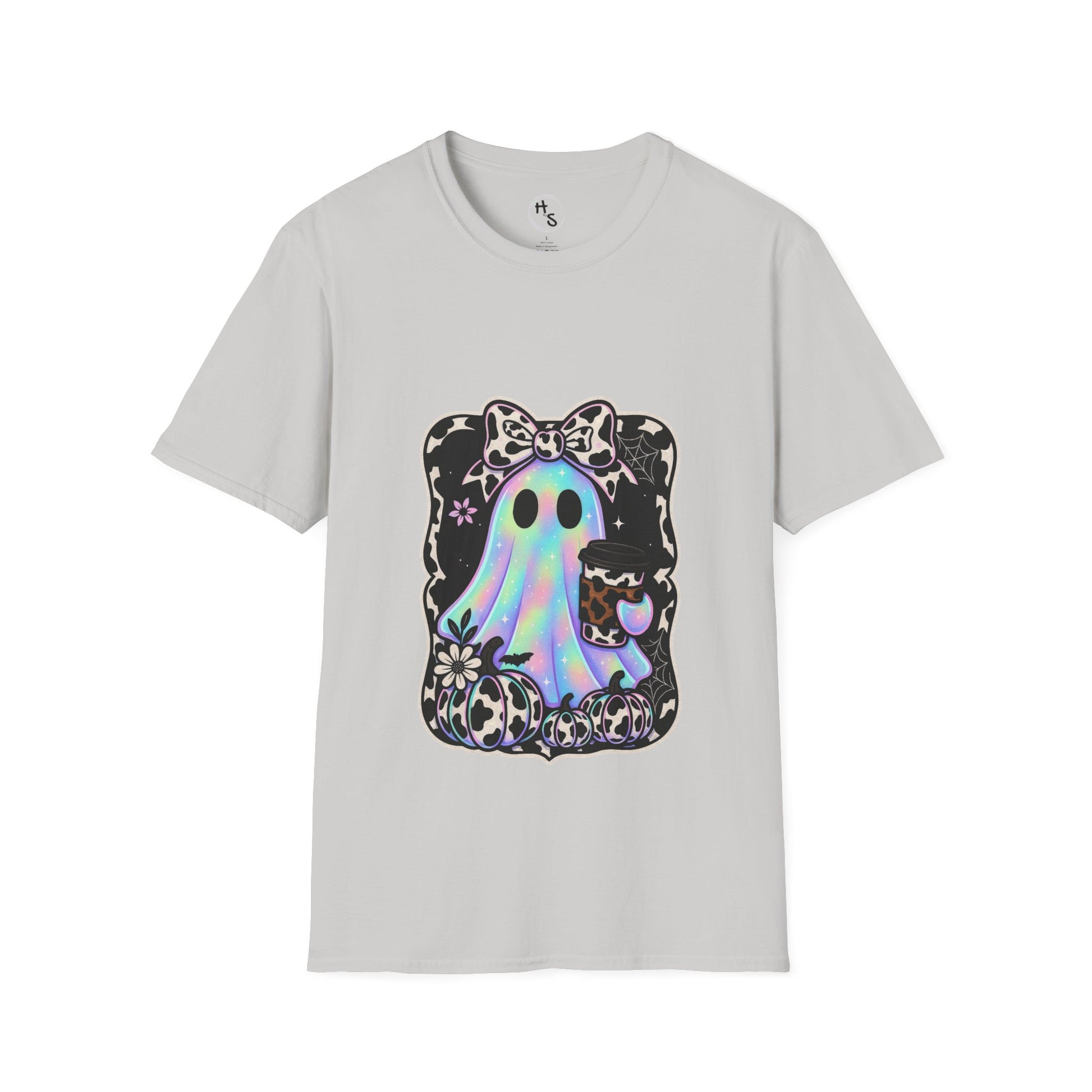 Gray t-shirt with a colorful ghost design on a white background